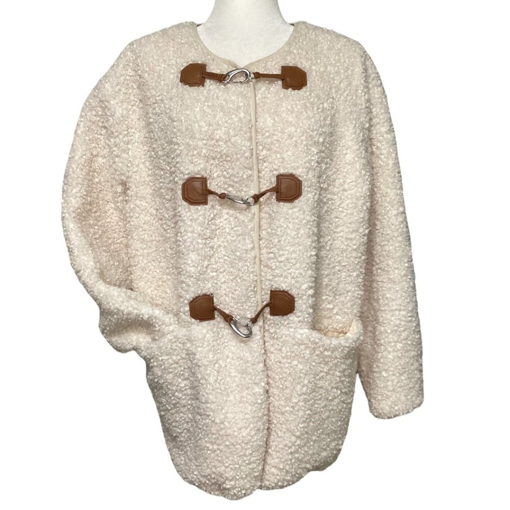 7 For All Man kind Cream Faux Fur Toggle Coat Teddy Sherpa Jacket Size Medium